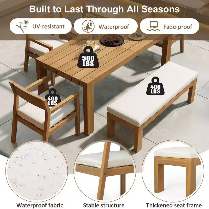 Ensemble de salle à manger Whisen pour 6 personnes, Mobilier d'extérieur avec trou pour parasol, table, chaises et banc