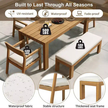 Ensemble de salle à manger Whisen pour 6 personnes, Mobilier d'extérieur avec trou pour parasol, table, chaises et banc