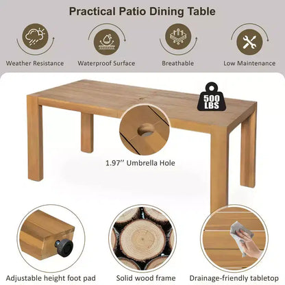 Ensemble de salle à manger Whisen pour 6 personnes, Mobilier d'extérieur avec trou pour parasol, table, chaises et banc