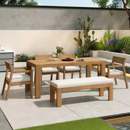 Whisen Patio Dining Table Set for 6, Outdoor Furniture Sets with Umbrella Hole, Table, Chairs and Bench