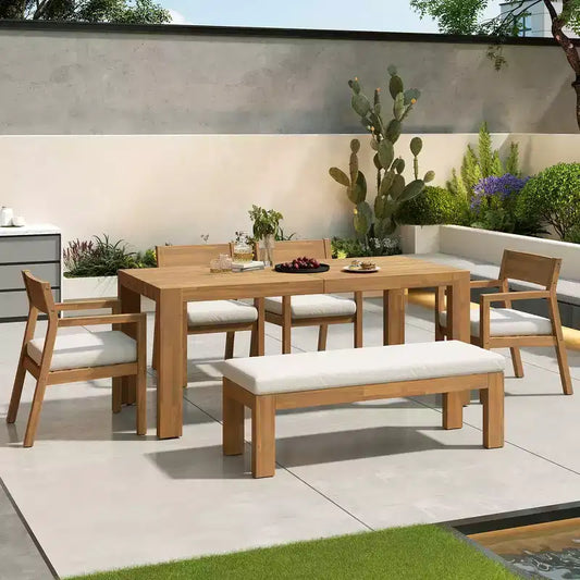 Whisen Patio Dining Table Set for 6, Outdoor Furniture Sets with Umbrella Hole, Table, Chairs and Bench