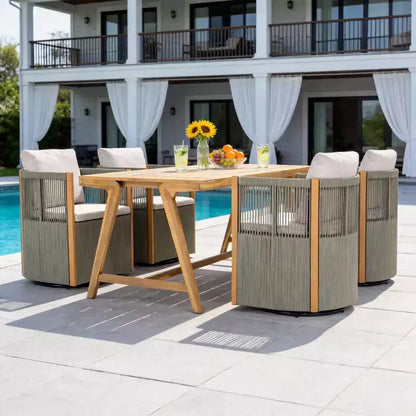 Christopher Knight Home Carter - Ensemble de salle à manger d'extérieur moderne 5 pièces en bois d'acacia avec table rectangulaire et 4 chaises pivotantes en corde