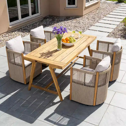 Christopher Knight Home Carter - Ensemble de salle à manger d'extérieur moderne 5 pièces en bois d'acacia avec table rectangulaire et 4 chaises pivotantes en corde