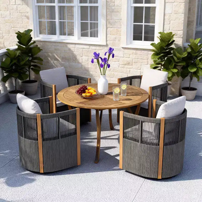 Christopher Knight Home Everett, ensemble de salle à manger d'extérieur moderne en bois d'acacia, 5 pièces, avec table ronde et 4 chaises pivotantes en corde