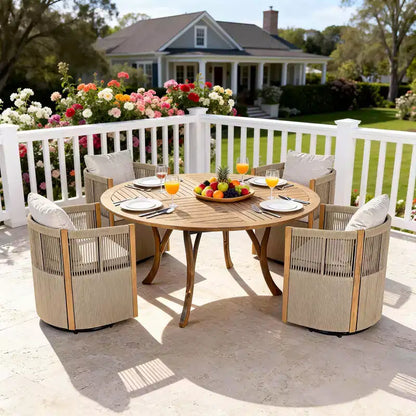 Christopher Knight Home Everett, ensemble de salle à manger d'extérieur moderne en bois d'acacia, 5 pièces, avec table ronde et 4 chaises pivotantes en corde