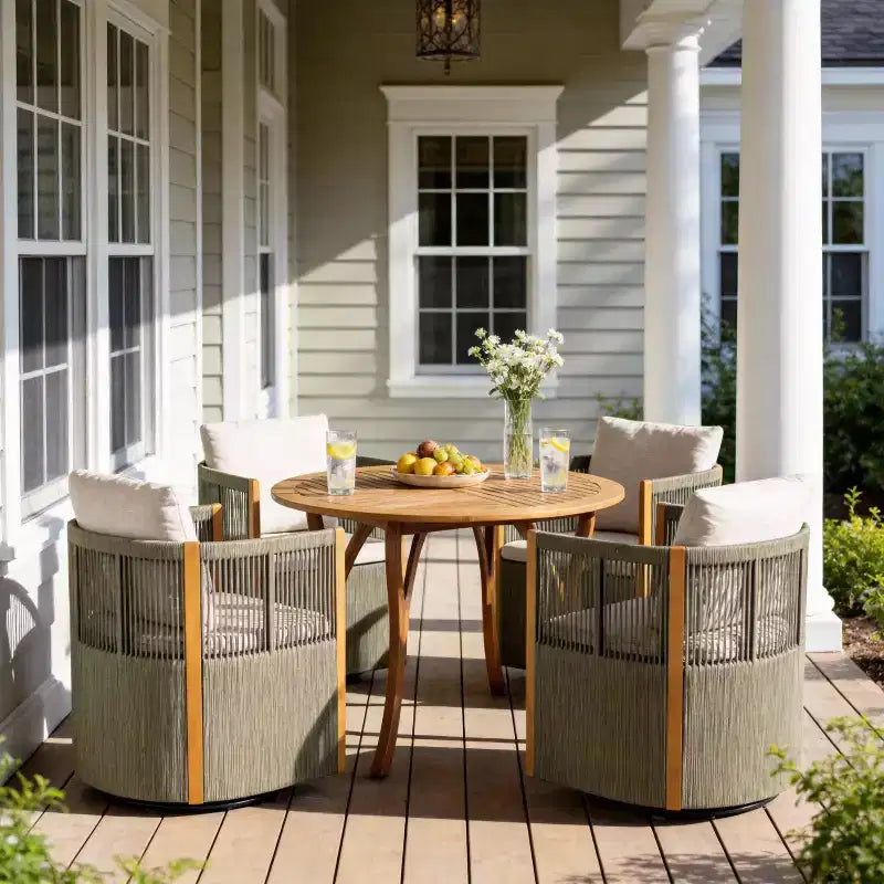 Christopher Knight Home Everett, ensemble de salle à manger d'extérieur moderne en bois d'acacia, 5 pièces, avec table ronde et 4 chaises pivotantes en corde
