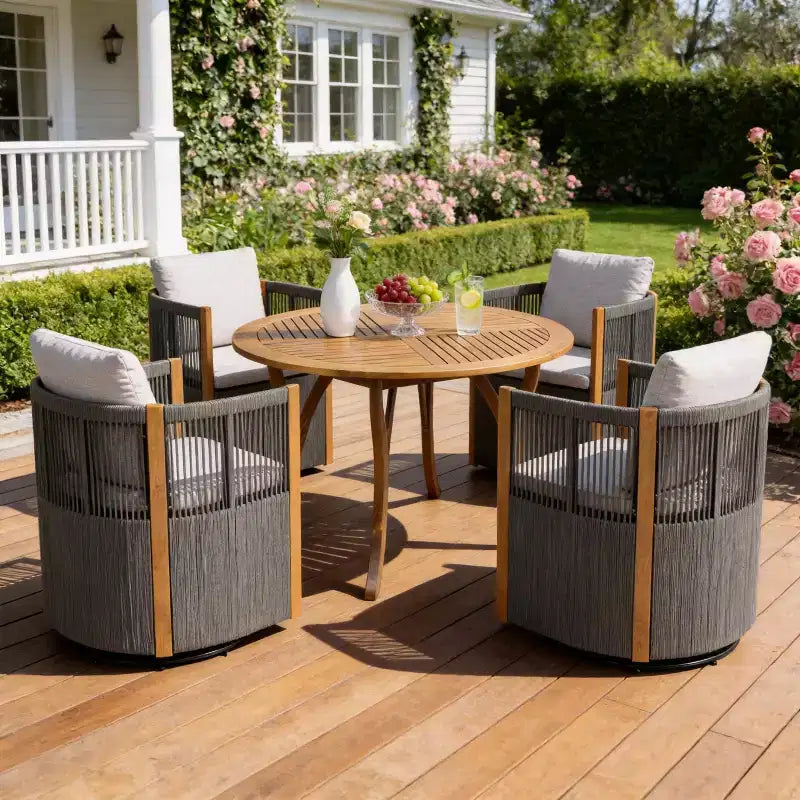 Christopher Knight Home Everett, ensemble de salle à manger d'extérieur moderne en bois d'acacia, 5 pièces, avec table ronde et 4 chaises pivotantes en corde