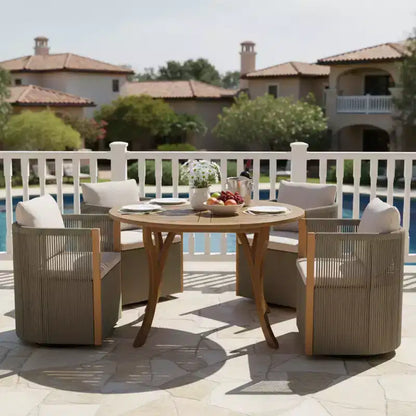 Christopher Knight Home Everett, ensemble de salle à manger d'extérieur moderne en bois d'acacia, 5 pièces, avec table ronde et 4 chaises pivotantes en corde
