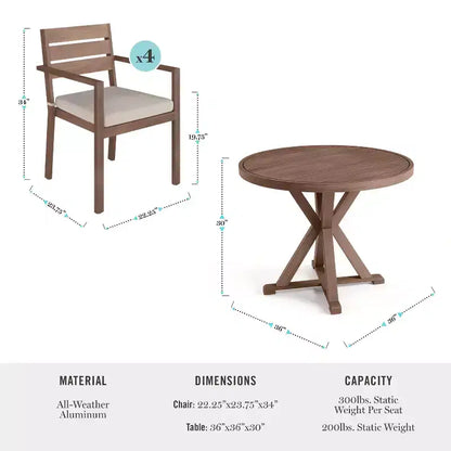 Set da patio in alluminio Martha Stewart Bedford da 5 pezzi, 4 poltrone da pranzo impilabili con cuscini, tavolo rotondo con base a cavalletto da 36 pollici, finitura spazzolata effetto legno