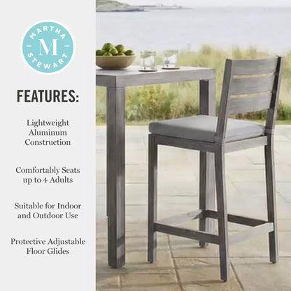 Ensemble de patio 5 pièces en aluminium Martha Stewart Bedford, 4 tabourets de bar avec coussins, table de patio carrée de 35,5 po