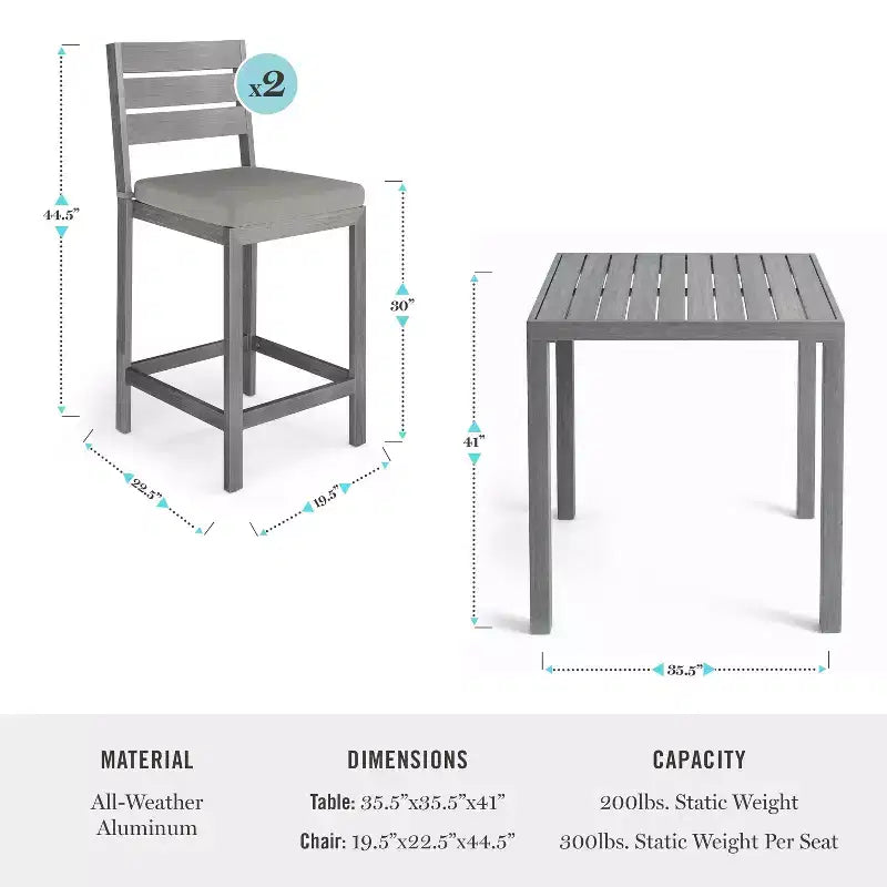 Ensemble de patio 5 pièces en aluminium Martha Stewart Bedford, 4 tabourets de bar avec coussins, table de patio carrée de 35,5 po