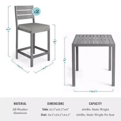 Ensemble de patio 5 pièces en aluminium Martha Stewart Bedford, 4 tabourets de bar avec coussins, table de patio carrée de 35,5 po
