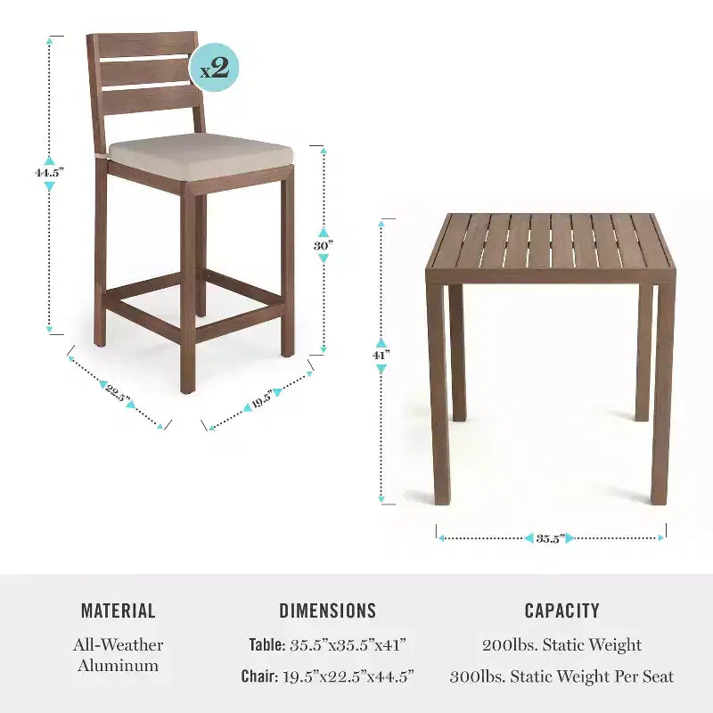 Ensemble de patio 5 pièces en aluminium Martha Stewart Bedford, 4 tabourets de bar avec coussins, table de patio carrée de 35,5 po