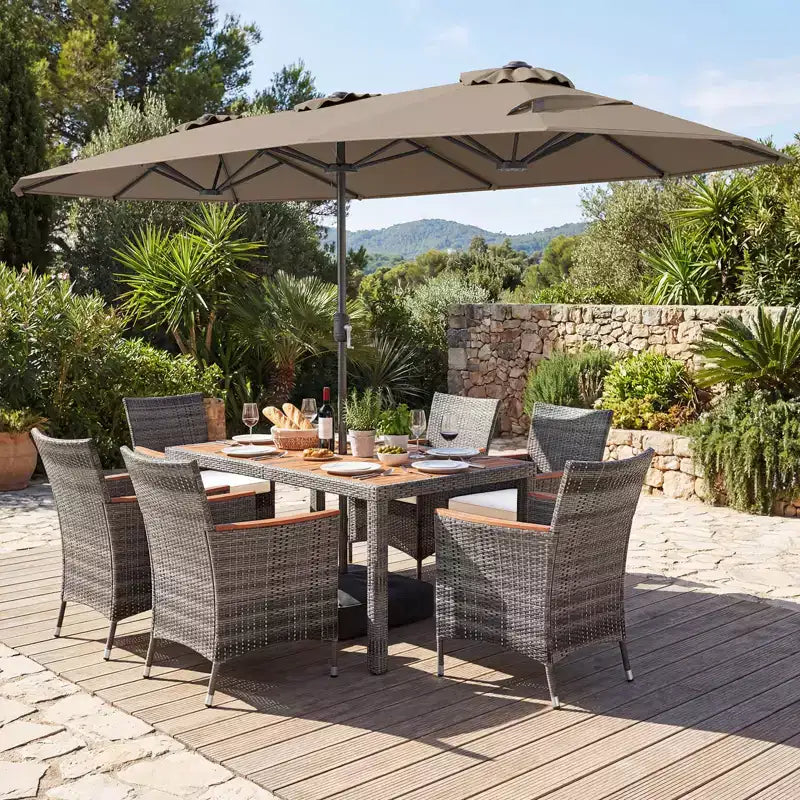 Gymax Set da Pranzo da Giardino 8 Pezzi con Ombrellone a Braccio Doppio e Piano in Legno di Acacia