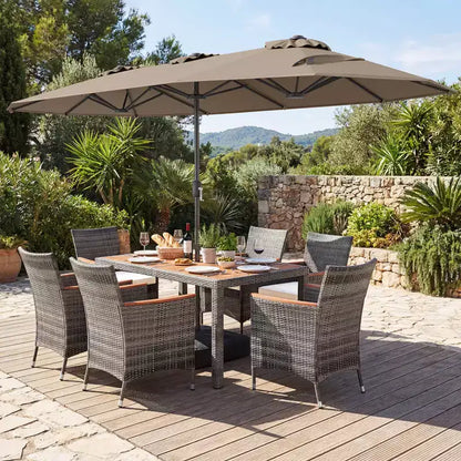 Gymax Set da Pranzo da Giardino 8 Pezzi con Ombrellone a Braccio Doppio e Piano in Legno di Acacia