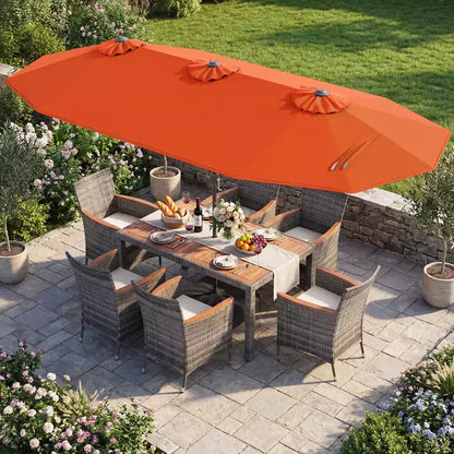 Gymax Set da Pranzo da Giardino 8 Pezzi con Ombrellone a Braccio Doppio e Piano in Legno di Acacia
