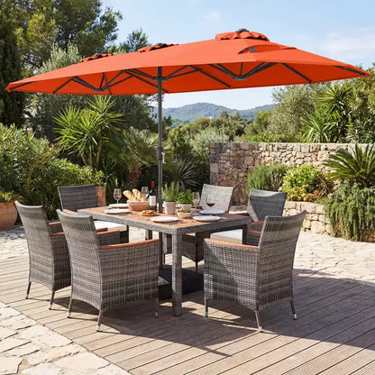 Gymax Set da Pranzo da Giardino 8 Pezzi con Ombrellone a Braccio Doppio e Piano in Legno di Acacia