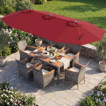 Gymax Set da Pranzo da Giardino 8 Pezzi con Ombrellone a Braccio Doppio e Piano in Legno di Acacia
