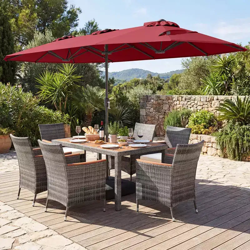 Gymax Set da Pranzo da Giardino 8 Pezzi con Ombrellone a Braccio Doppio e Piano in Legno di Acacia