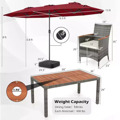 Gymax Set da Pranzo da Giardino 8 Pezzi con Ombrellone a Braccio Doppio e Piano in Legno di Acacia