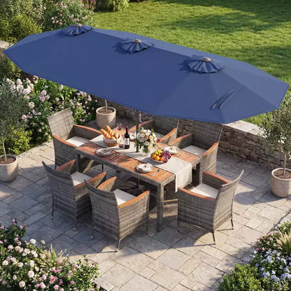 Gymax Set da Pranzo da Giardino 8 Pezzi con Ombrellone a Braccio Doppio e Piano in Legno di Acacia