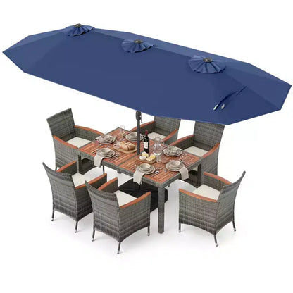 Gymax Set da Pranzo da Giardino 8 Pezzi con Ombrellone a Braccio Doppio e Piano in Legno di Acacia