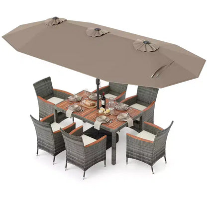 Gymax Set da Pranzo da Giardino 8 Pezzi con Ombrellone a Braccio Doppio e Piano in Legno di Acacia