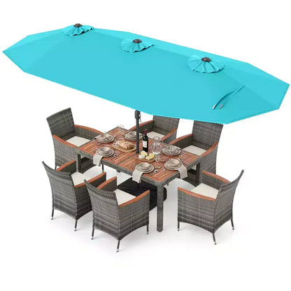Gymax Set da Pranzo da Giardino 8 Pezzi con Ombrellone a Braccio Doppio e Piano in Legno di Acacia