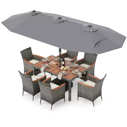 Gymax Set da Pranzo da Giardino 8 Pezzi con Ombrellone a Braccio Doppio e Piano in Legno di Acacia