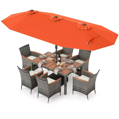 Gymax Set da Pranzo da Giardino 8 Pezzi con Ombrellone a Braccio Doppio e Piano in Legno di Acacia
