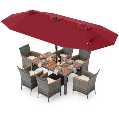 Gymax Set da Pranzo da Giardino 8 Pezzi con Ombrellone a Braccio Doppio e Piano in Legno di Acacia