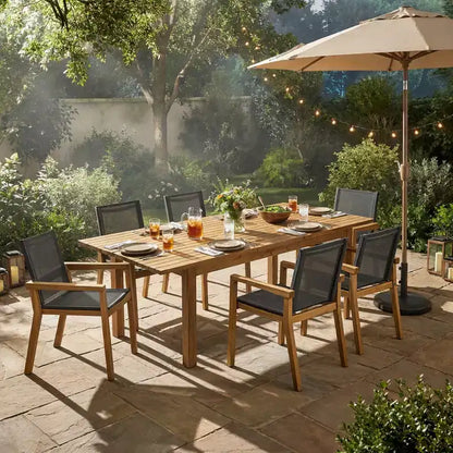 Ensemble de salle à manger d'extérieur 7 pièces en bois avec table extensible, 6 chaises à dossier en maille et cadre en bois, ensemble de meubles de patio modernes pour jardin arrière - Panipeachy