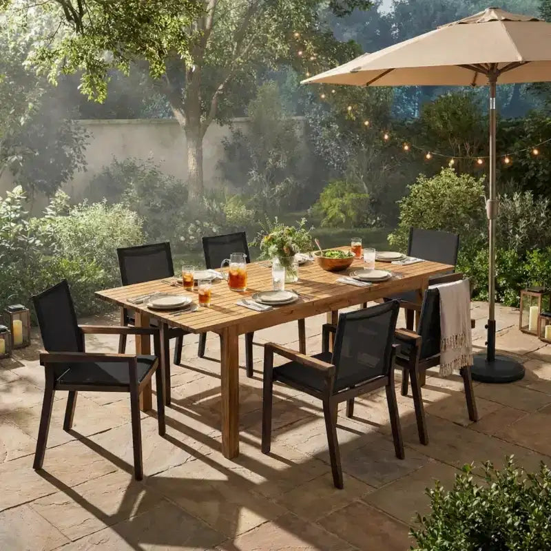 Ensemble de salle à manger d'extérieur 7 pièces en bois avec table extensible, 6 chaises à dossier en maille et cadre en bois, ensemble de meubles de patio modernes pour jardin arrière - Panipeachy