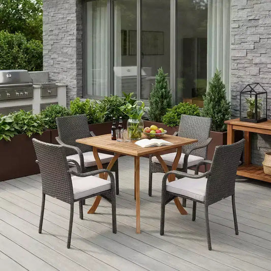 Christopher Knight Home Jose Modern 5 Piece Patio Iron Chairs with PE Rattan Design and Acacia Dining Table Set