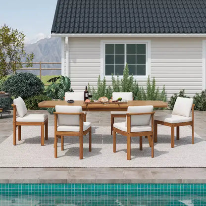 Christopher Knight Home Harrison Patio Set da Pranzo Moderno da 7 Pezzi in Legno di Acacia Espandibile con Tavolo e Sedie con Cuscini