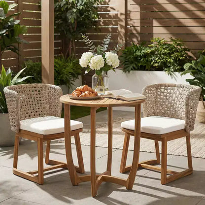 Christopher Knight Home Rohan Modern 3 Piece Acacia Patio Dining Chairs with Natural Wicker and Bistro Table