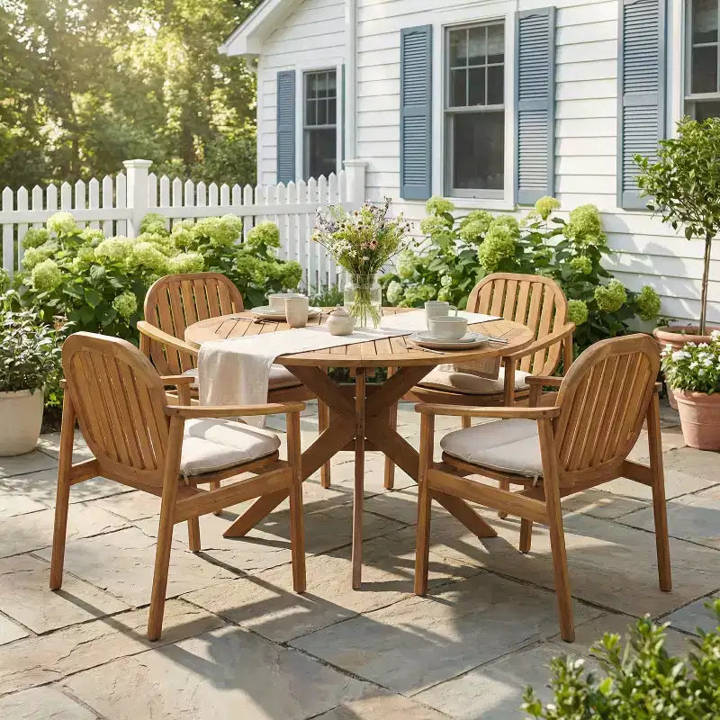 Ensemble de salle à manger d'extérieur Samira 5 pièces en bois d'acacia rustique à lattes avec coussins Christopher Knight Home