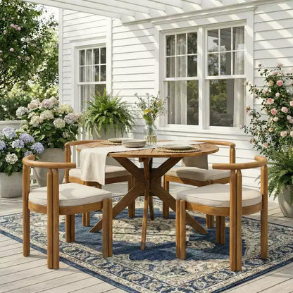Christopher Knight Home Torin 5 Piece Patio Rustic Acacia Wood Dining Set with Cushions and Slatted Table
