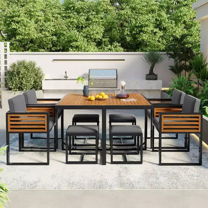 Set da pranzo GDFStudio Donald per patio, 9 pezzi, in legno di acacia, con tavolo quadrato, 4 sedie imbottite e 4 sgabelli