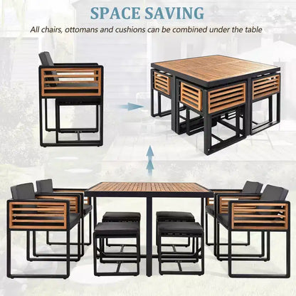 Set da pranzo GDFStudio Donald per patio, 9 pezzi, in legno di acacia, con tavolo quadrato, 4 sedie imbottite e 4 sgabelli