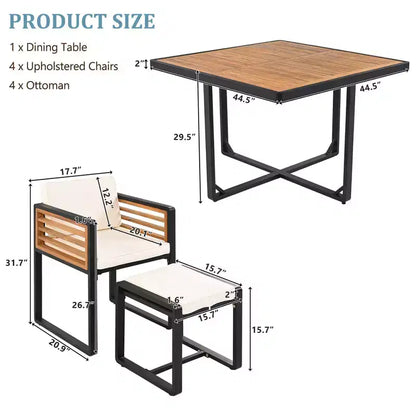 Set da pranzo GDFStudio Donald per patio, 9 pezzi, in legno di acacia, con tavolo quadrato, 4 sedie imbottite e 4 sgabelli