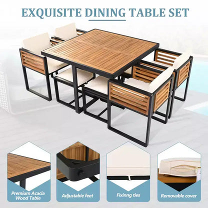 Set da pranzo GDFStudio Donald per patio, 9 pezzi, in legno di acacia, con tavolo quadrato, 4 sedie imbottite e 4 sgabelli