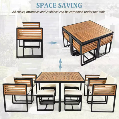 Set da pranzo GDFStudio Donald per patio, 9 pezzi, in legno di acacia, con tavolo quadrato, 4 sedie imbottite e 4 sgabelli