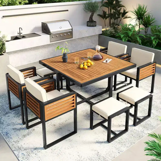 GDFStudio Donald Patio 9-Piece Acacia Wood Dining Set with Square Table, 4 Cushioned Chairs and 4 Stools