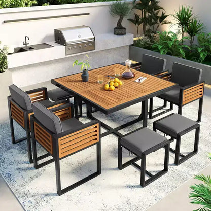 Set da pranzo GDFStudio Donald per patio, 9 pezzi, in legno di acacia, con tavolo quadrato, 4 sedie imbottite e 4 sgabelli