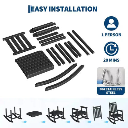 Set 2 sedie a dondolo da esterno in HDPE con tavolino - Sedie a dondolo alte da portico in polietilene per adulti - Mobili da esterno resistenti a tutte le intemperie per patio