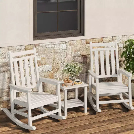 HDPE Rocking Chair Outdoor Set of 2 with Side Table - Poly High Back Porch Rocker Chairs for Adults - All Weather Resistant Furniture for Patio