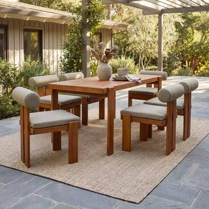 Christopher Knight Home Lucia Set da Pranzo da Esterno Moderno di 7 Pezzi in Acacia Imbottito con Schienale Curvo e Tavolo a Doghe