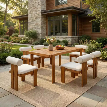 Christopher Knight Home Lucia Set da Pranzo da Esterno Moderno di 7 Pezzi in Acacia Imbottito con Schienale Curvo e Tavolo a Doghe