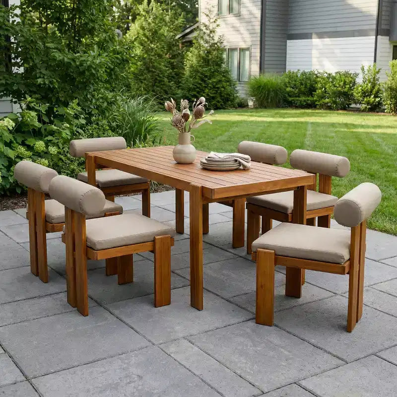 Christopher Knight Home Lucia Set da Pranzo da Esterno Moderno di 7 Pezzi in Acacia Imbottito con Schienale Curvo e Tavolo a Doghe
